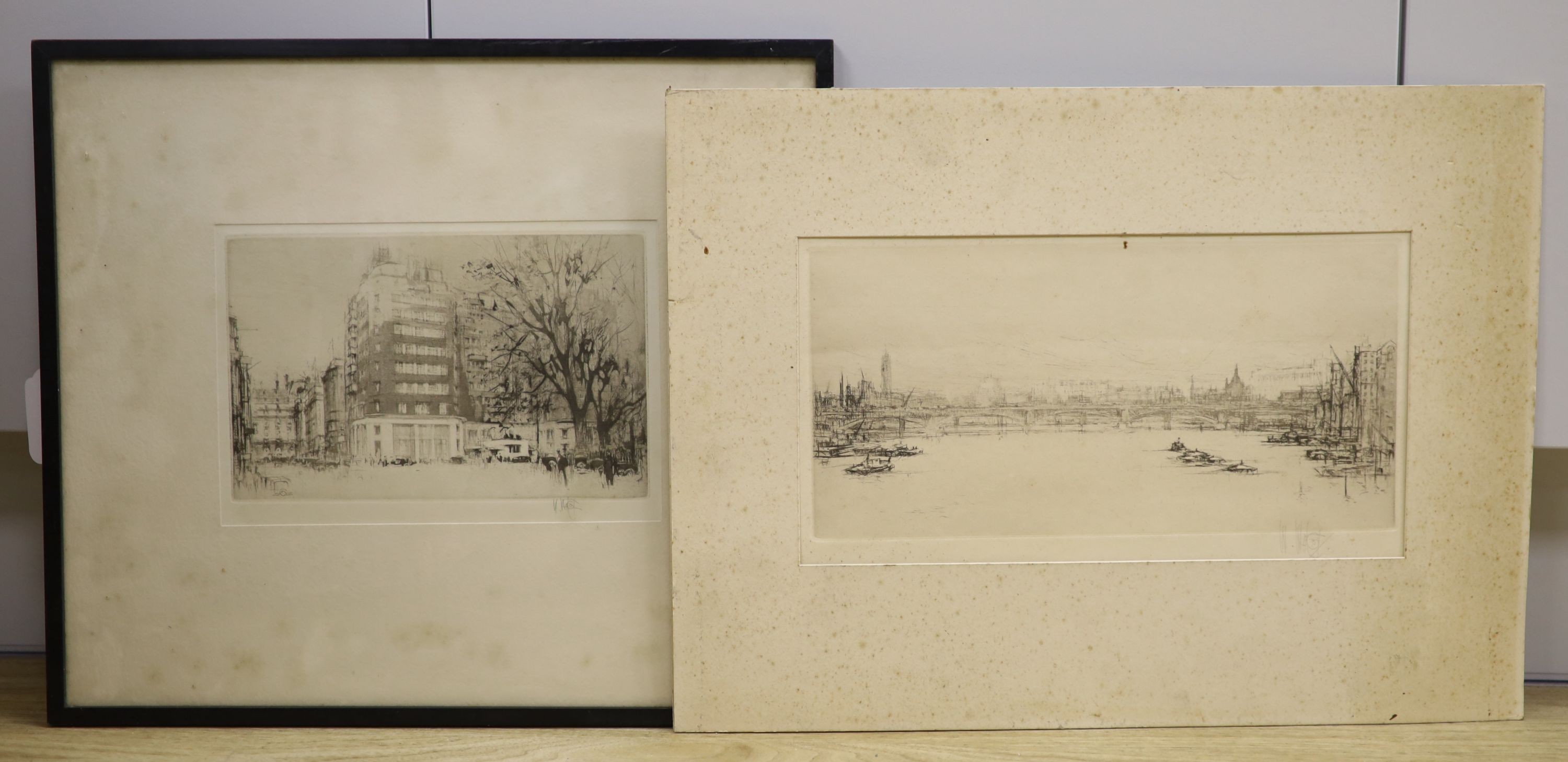 William Walcot (1874-1943), two black and white etchings, “Corner of Berkeley Square distant view of the Ritz” c1933 and “ The Thames from Southwark Bridge” c1932 , signed in pencil, 15 x 29cm and 14 x 22cm, one unframed